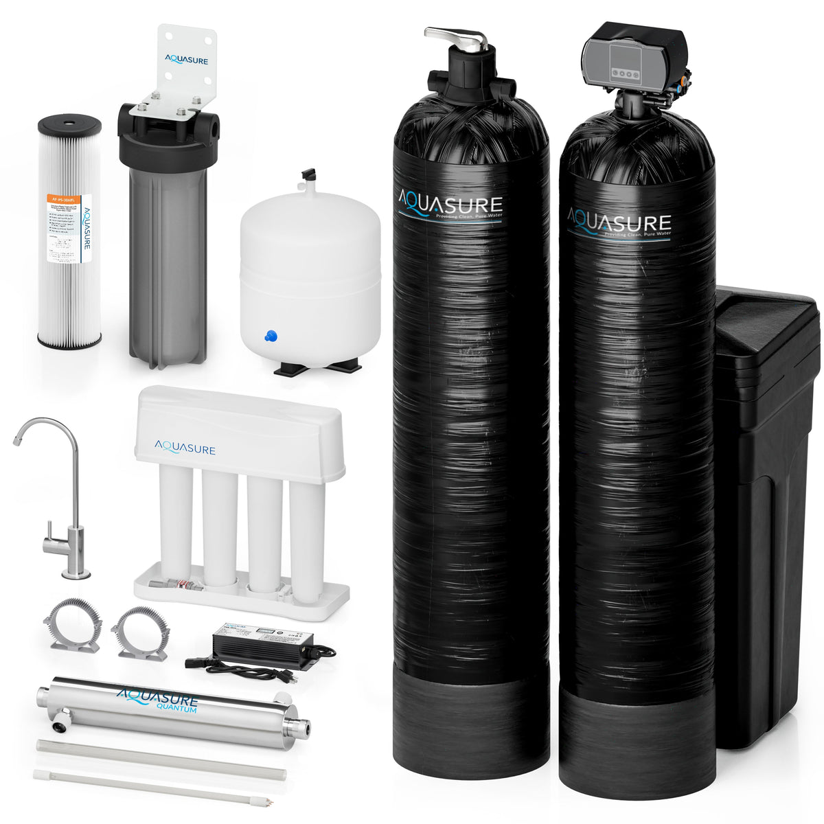Aquasure Signature Elite | 1,500,000 Gallons Whole House Water Treatment System with 64,000 Grains Fine Mesh Resin and KDF85 Carbon Media and 18 GPM High Output Quantum UV De-Activator System AS-SE1500FMU